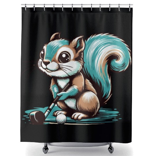 Cute cartoon squirrel playing golf Shower Curtains