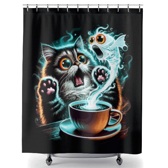 Hilarious Scared Cat and Ghost Fish Design Shower Curtains