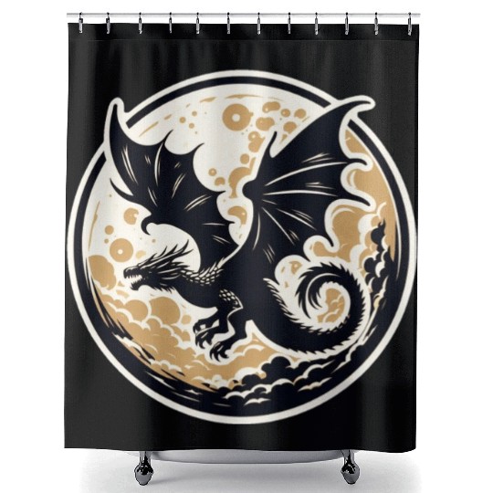 Mystical Dragon Silhouette Against Full Moon Shower Curtains