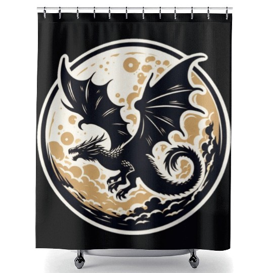 Mystical Dragon Silhouette Against Full Moon Shower Curtains