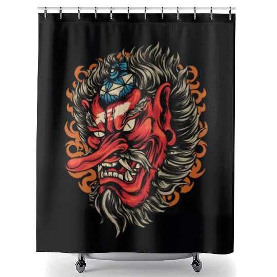 Vintage Red Tengu Japanese Demon Tattoo Shower Curtains