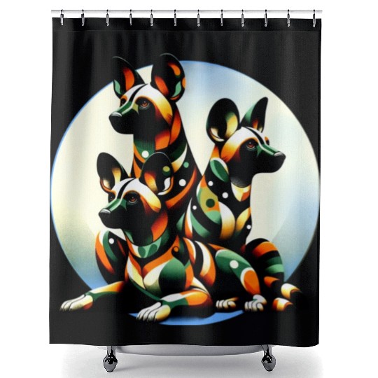 African Painted Wild Dogs Moon Art Shower Curtains