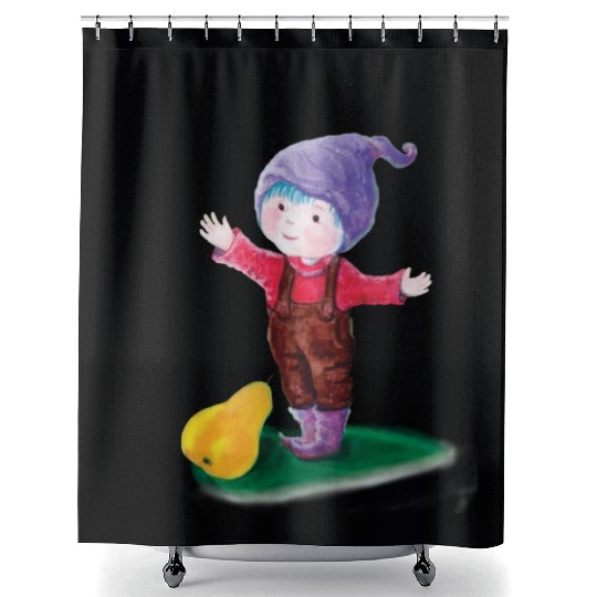 Purple Hat Gnome With Blue Hair & Pear Shower Curtains