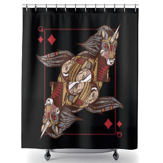 Unicorn steampunk card game Queen of Diamonds Poke Shower Curtains