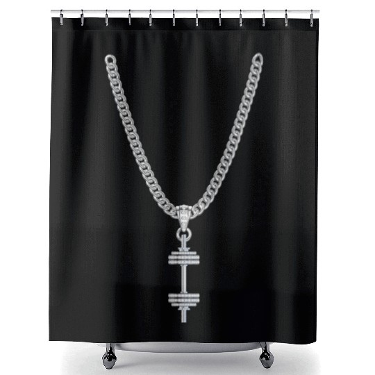 A silver Necklace with a silver Dumbbell Pendant Shower Curtains
