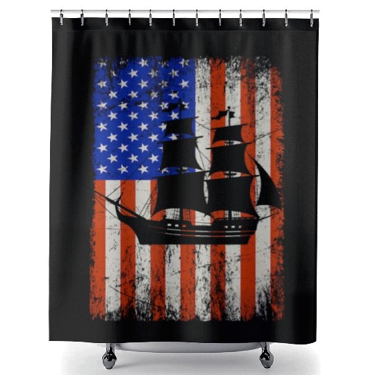 Stars, Stripes & Pirate Ship American Flag Shower Curtains