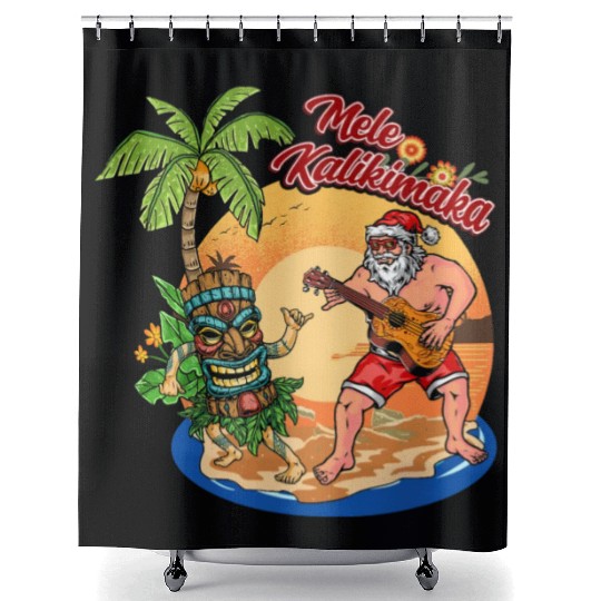 Mele Kalikimaka Funny Santa Playing Guitar Hawaii Shower Curtains