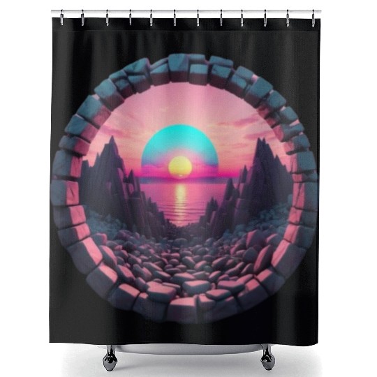 Synthwave Rocky landscape with Setting Sun Shower Curtains