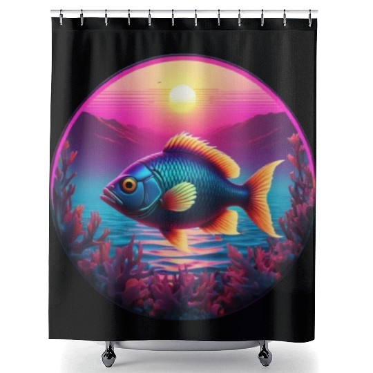 Synthwave Fish and Coral and a Sunset and Ocean Shower Curtains