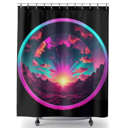 Synthwave Colorful Cosmos Design inside Circle Shower Curtains