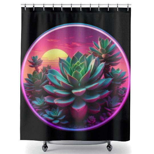 Synthwave Succulent Art Shower Curtains