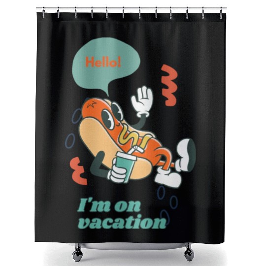 Cute funny joyful Relaxed Vacation Hot Dog Shower Curtains