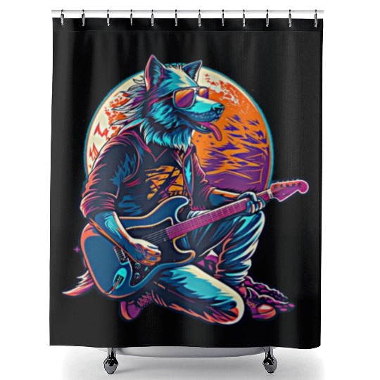 Blue Wolf Moon Guitar Player Retro Sunglasses Shower Curtains