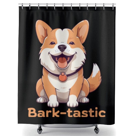 Cute shiba inu puppy dog with funny Bark-tastic te Shower Curtains