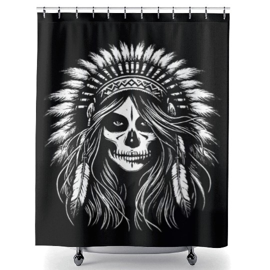 Dark Art Skull Indian Apache Girl Vintage Shower Curtains