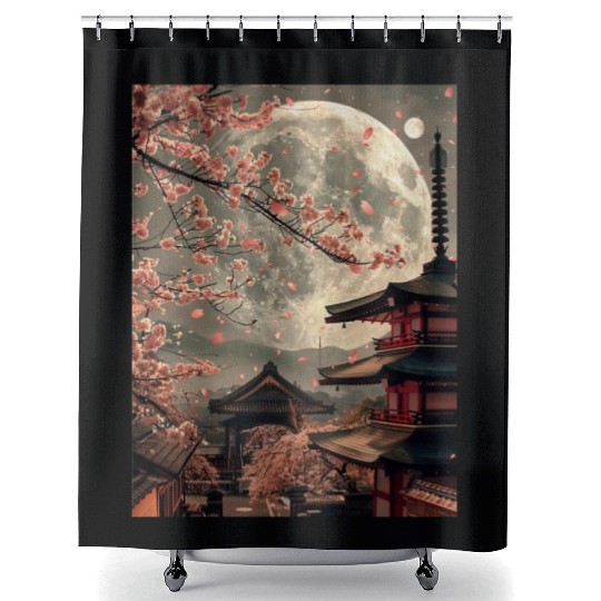 Full Moon in Tokyo Japan Sakura Shower Curtains