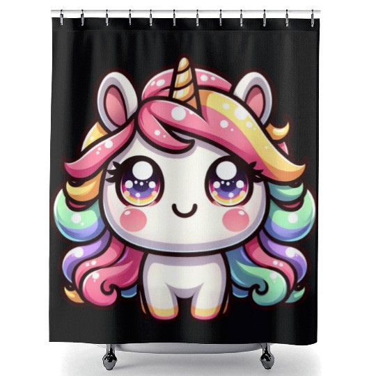Cute chibi Unicorn with colorful hair Shower Curtains