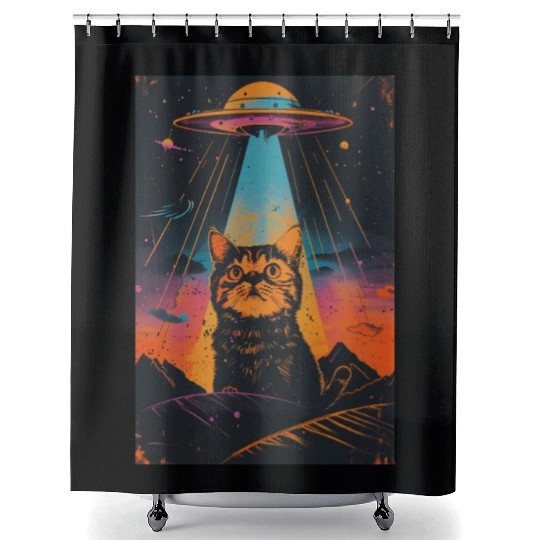 Catzilla Vintage Funny Cute Cat Art Alien and Cat Shower Curtains