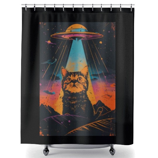 Catzilla Vintage Funny Cute Cat Art Alien and Cat Shower Curtains