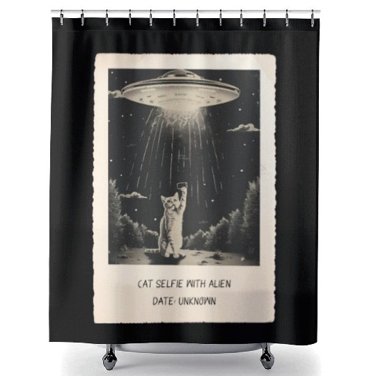 Cat Ufo Meme Funny Surprised Scared Cat Selfie Shower Curtains