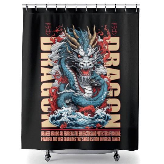 Japanese dragon on waves Shower Curtains