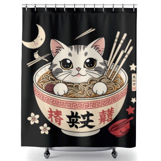 Kawaii Ramen Cat Japanese Noodles for Otaku Lovers Shower Curtains