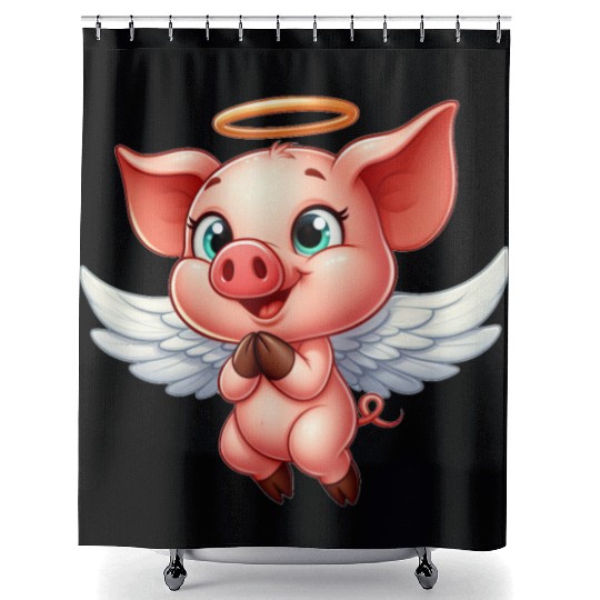 Pig angel with wings and halo on the farm Shower Curtains