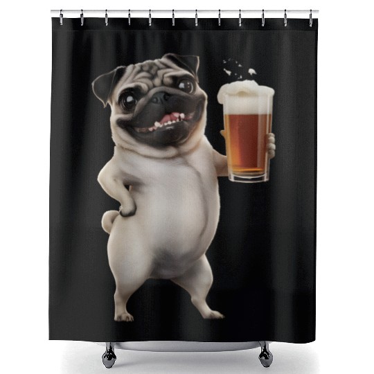 Pug Drinking Beer Realistic Shower Curtains