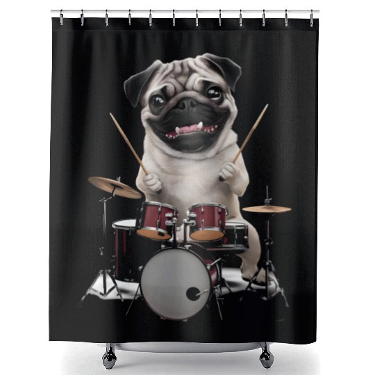 Pug Playing Drums Realistic Shower Curtains