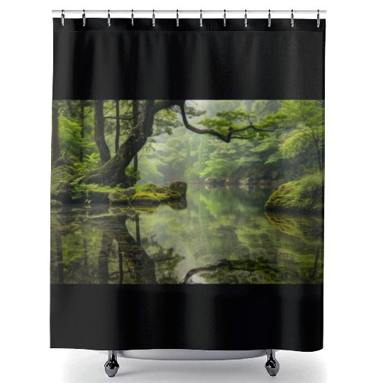 Autumn Leaves on Mossy Rock Cliff Edge Shower Curtains