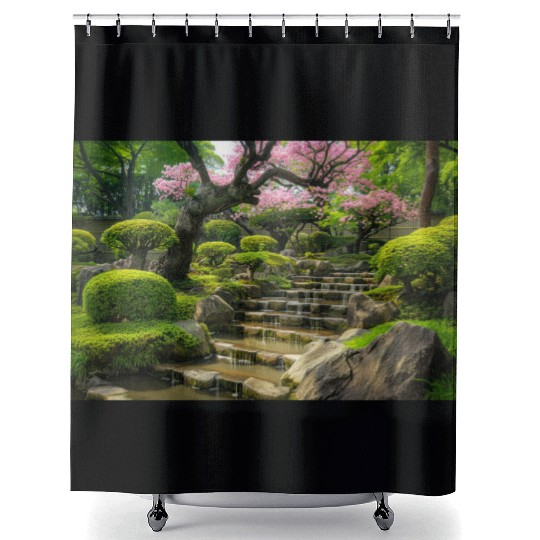 Serene Japanese Garden with Waterfall and Blossoms Shower Curtains
