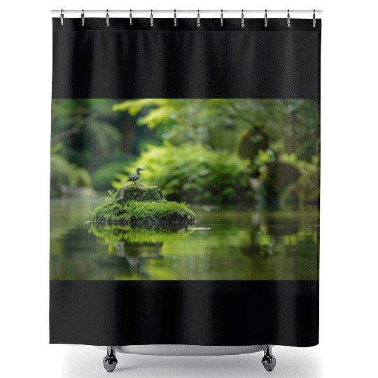 Serene Pond with Bird on Mossy Rock Shower Curtains