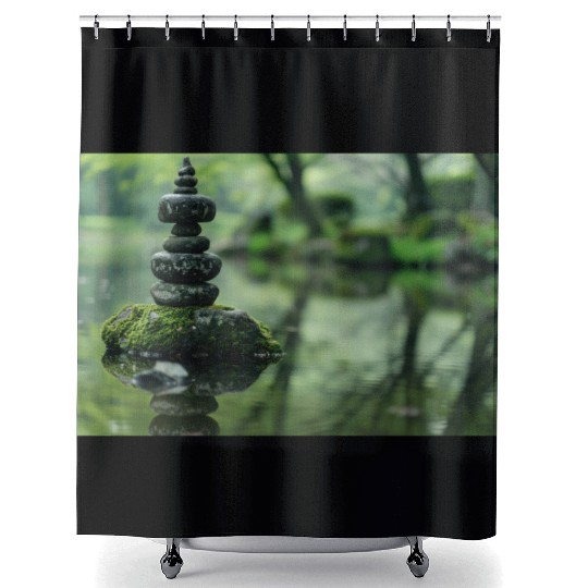 Zen Stone Stack Reflected in Tranquil Pond Shower Curtains