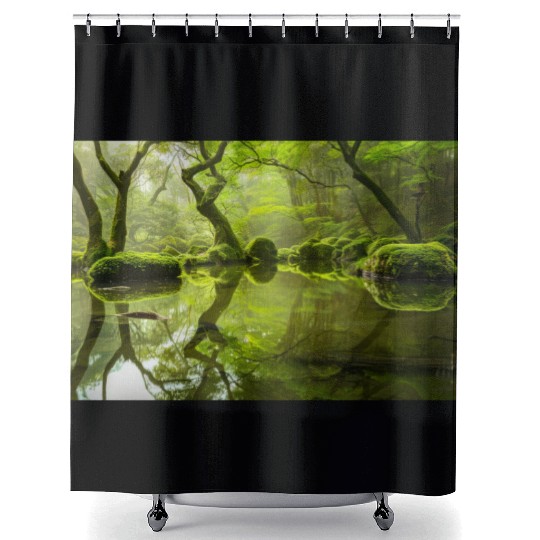 Enchanted Forest Reflections in Tranquil Pond Shower Curtains