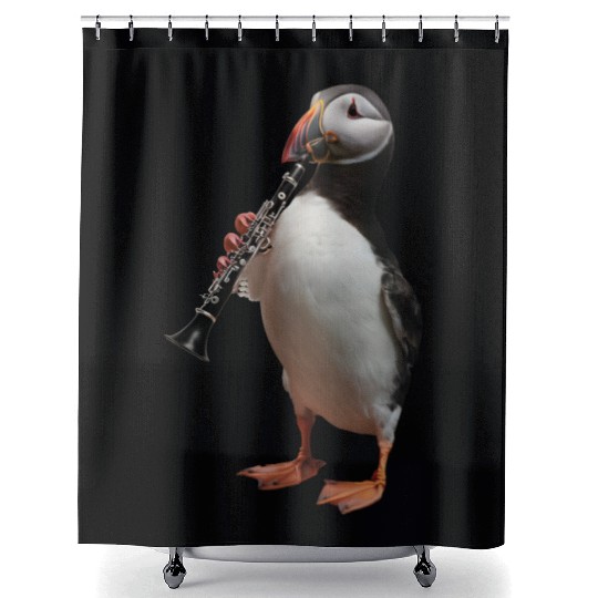 Atlantic Puffin Playing Clarinet Realistic Shower Curtains