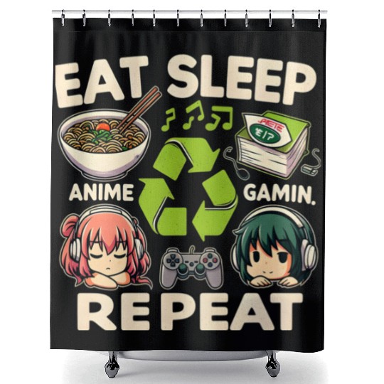 Cute Anime Eat Sleep Anime Repeat Manga Shower Curtains