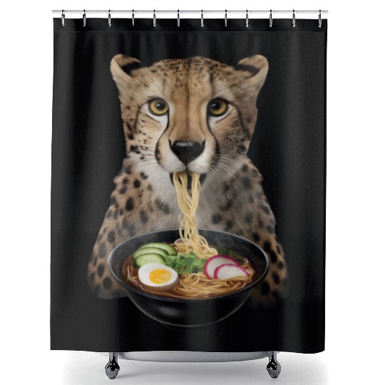Cheetah Eating Ramen Realistic Shower Curtains