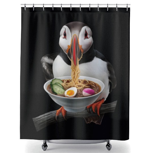 Atlantic Puffin Eating Ramen Realistic Shower Curtains