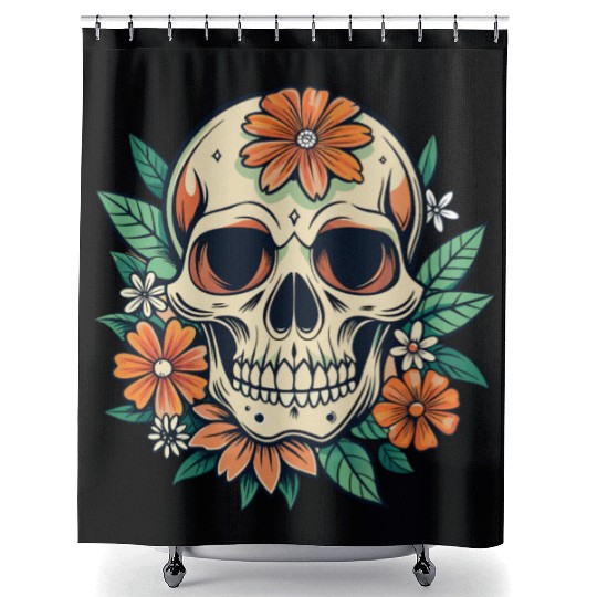 Vintage Retro Halloween Sugar Skull with floral Shower Curtains
