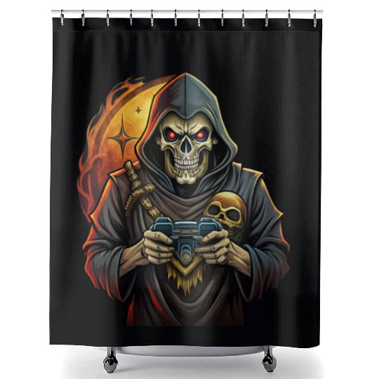 Skull holding a video game console. Shower Curtains
