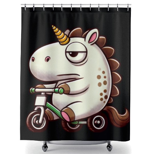 Unicorn on tricycle funny whimsical mythical Shower Curtains