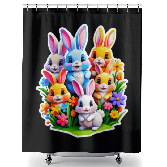 Colorful Spring Celebration with Cute Bunnies Shower Curtains