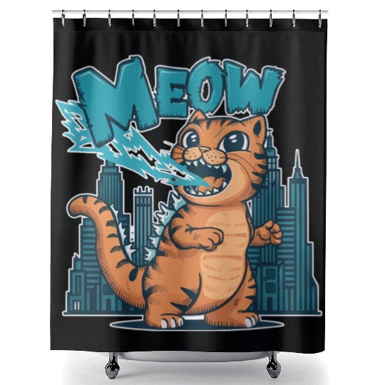 Meowzilla - Cute Cartoon Tiger Breathing Lightning Shower Curtains
