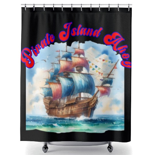 pirate island ahoy Shower Curtains