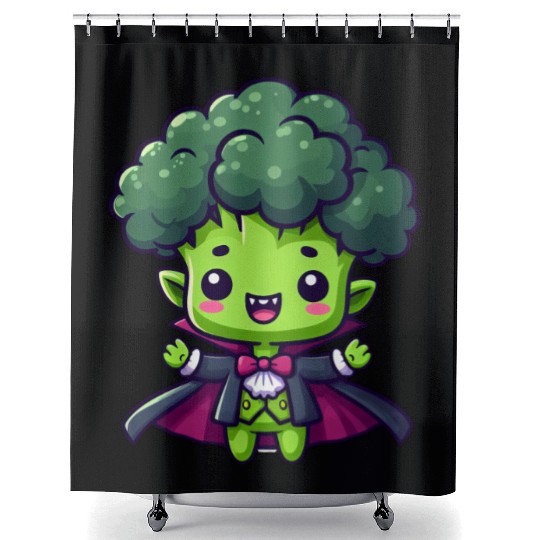 Cute Halloween Broccoli Vampire Cartoon Green Shower Curtains