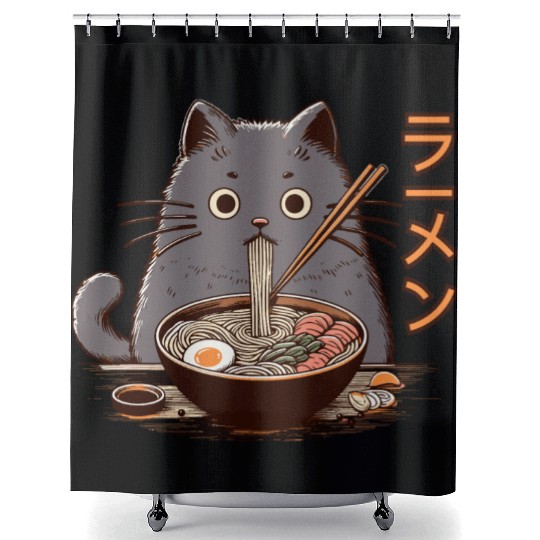 Japanese Cat Eating Ramen Shower Curtains