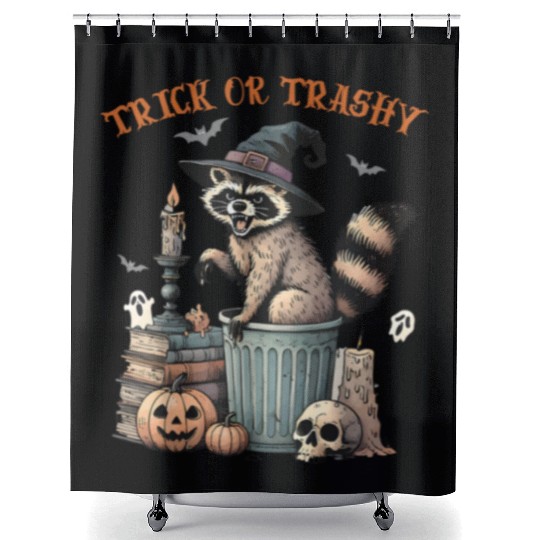 Trick Or Trashy Funny Raccon Halloween Shower Curtains
