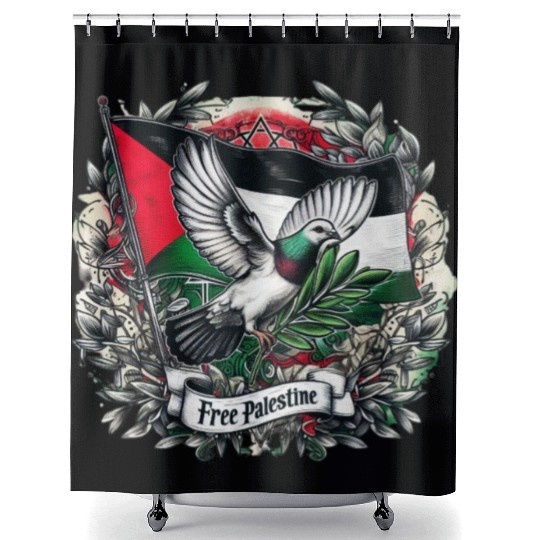 Pigeon holding olive's leaf free Palestine Flag Shower Curtains