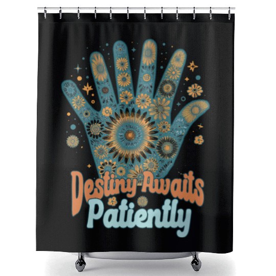 SAYING: Destiny awaits patiently, retro palm, sun Shower Curtains