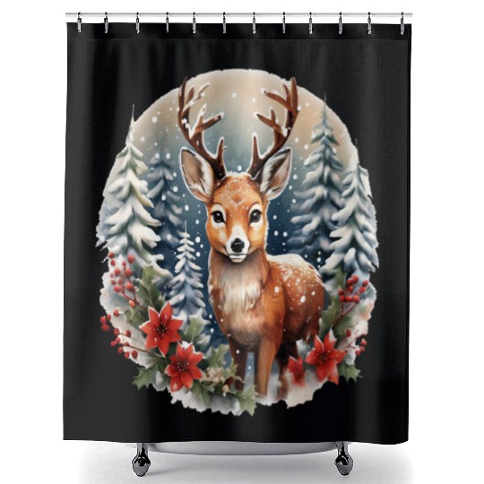 Christmas Deer with Poinsettia and Snow Shower Curtains